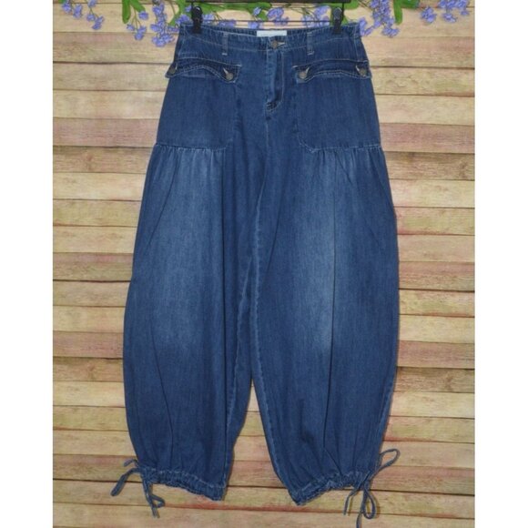 Velveret Barrel Leg Ankle Draw String Hem Blue Jeans Pants Size L 30 X 31 Pocket - Picture 1 of 12
